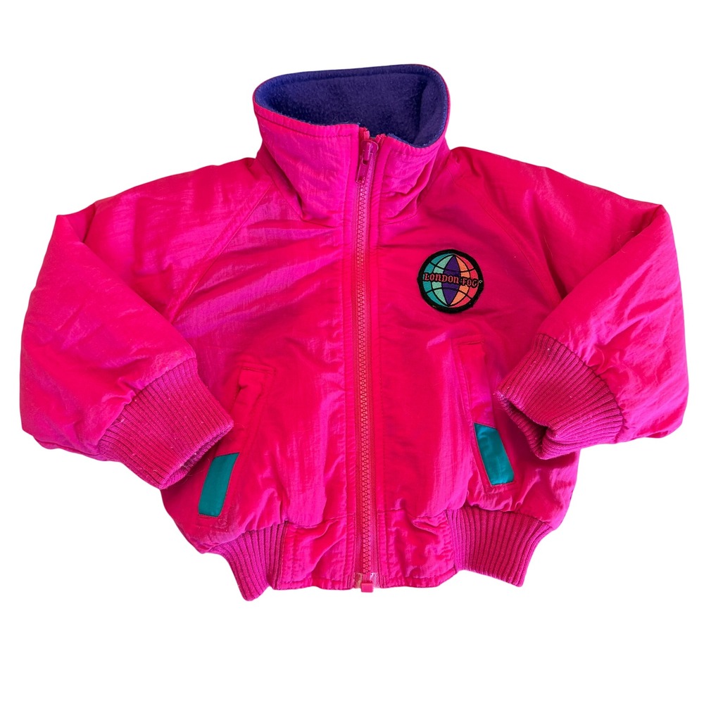 London Fog Vintage 90s Hot Pink Bomber Jacket Toddler 18M Full Zip Fleece Lined